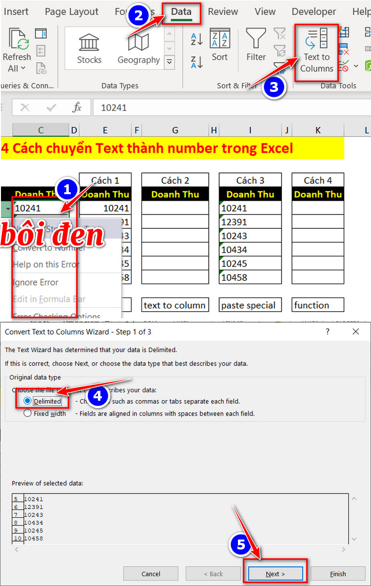 chuyển text number