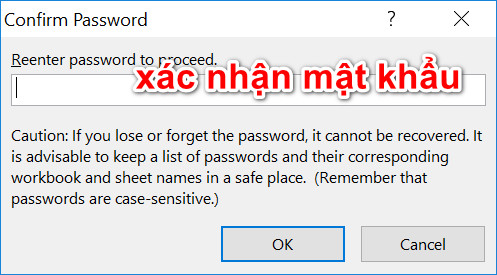 xác nhận đặt mật khẩu bảo vệ bảng tính excel