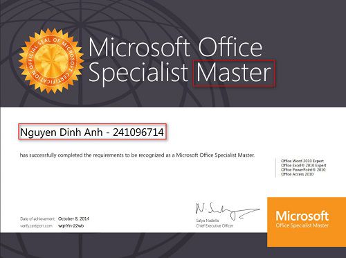 chứng chỉ mos thầy Ánh