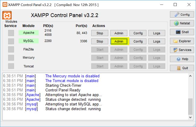 bật ứng dụng phpadmin
