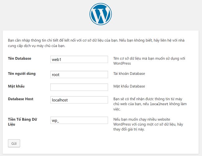 cài đặt wordpress chọn thông tin cơ sở dữ liệu và người dùng