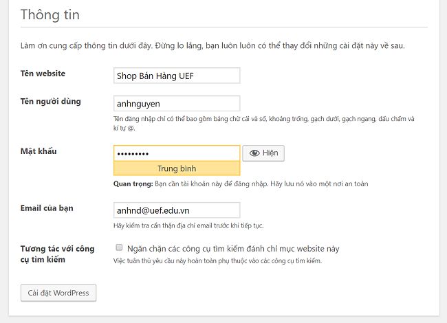chọn cài đặt wordpress