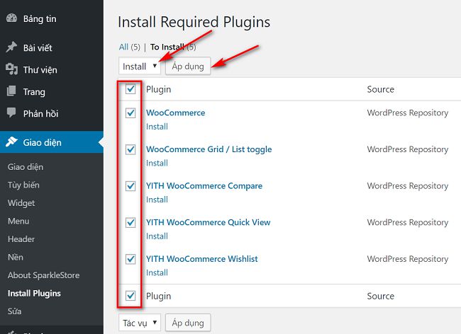 cài đặt các plugin cho theme wordpress