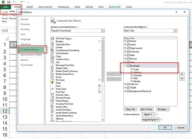 bật thanh công cụ developer trong excel