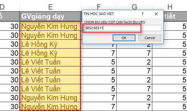 chọn dữ liệu cần tách thành nhiều sheet ở cột