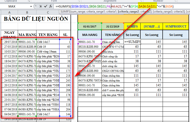Lỗi #VALUEkhi sử dụng hàm mảng SUMIFS được khắc phục