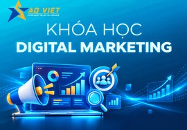 Khóa học Digital Marketing Sao Việt với biểu tượng quảng cáo, tìm kiếm và phân tích dữ liệu