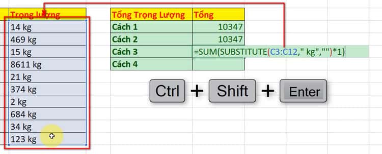 sử dụng hàm sum kết hợp hàm substitute