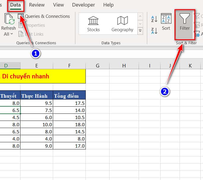 bật filter trong excel