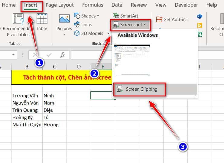 chèn ảnh chụp màn hình trong excel