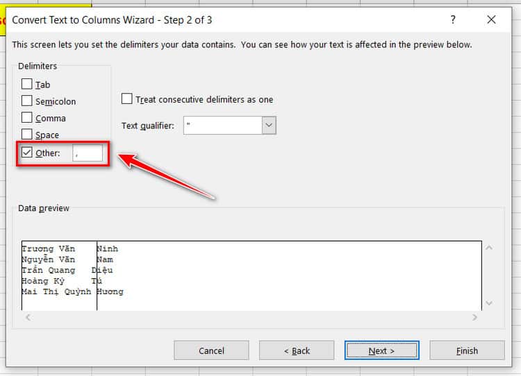 chọn đầu để tách thành cột