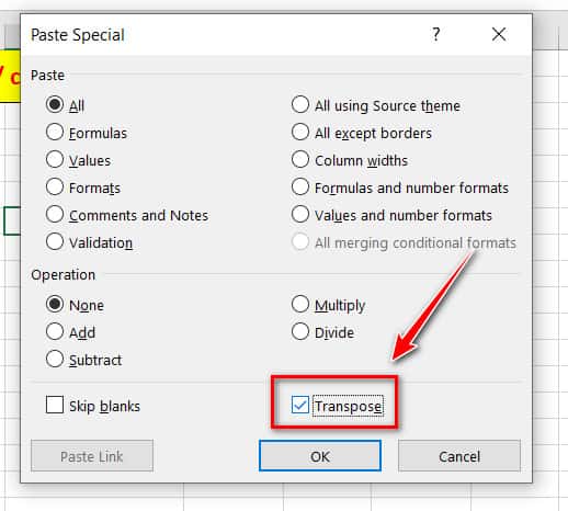 chọn đổi thành hàng trong excel