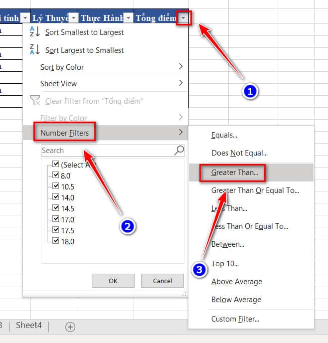 lọc điều kiện lớn hơn trong excel