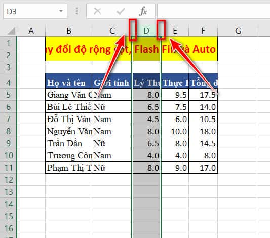 thay đổi độ rộng cột trong excel
