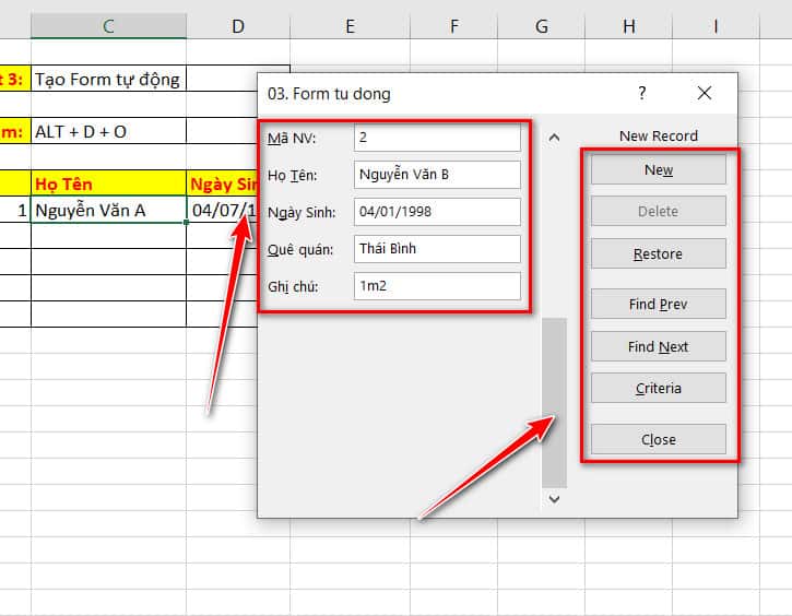 tạo form tự động trong excel