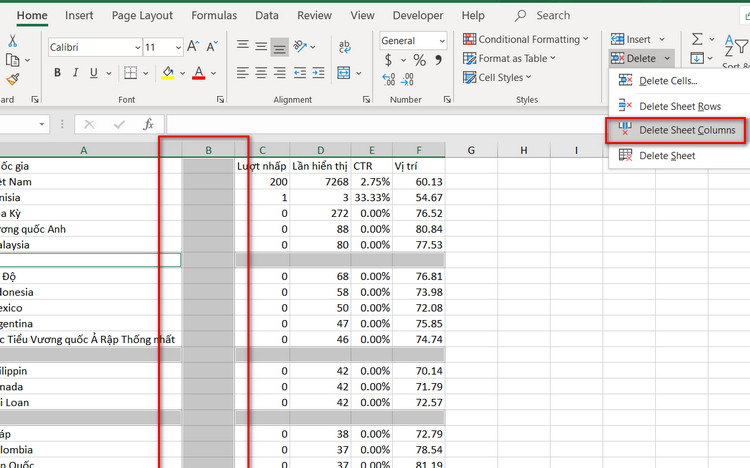 xóa cột trong excel