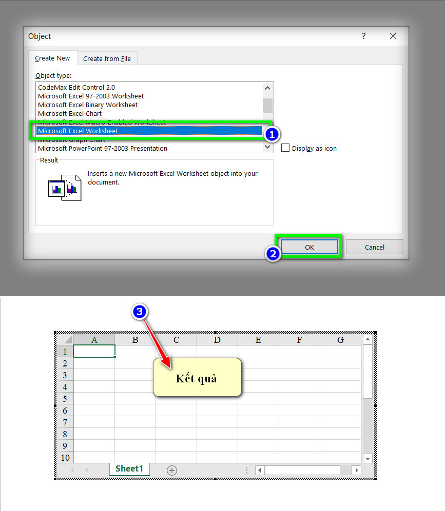 chèn đối tượng bảng excel