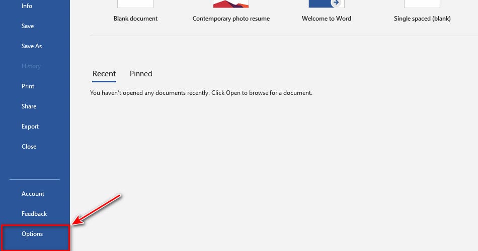 Chọn lệnh Options