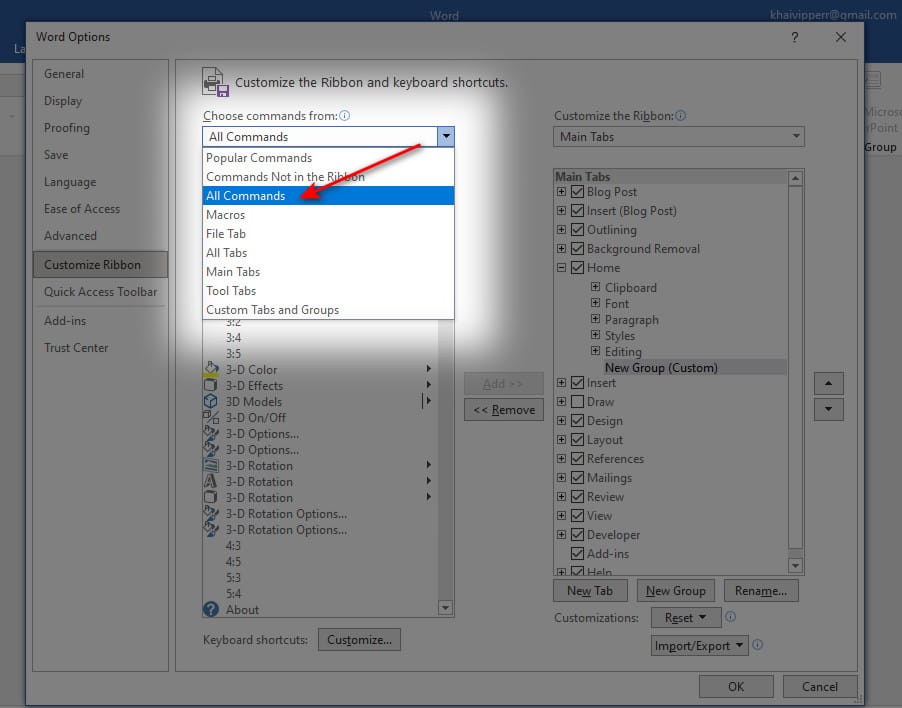 Chọn mục All Commands