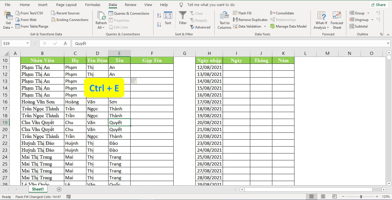 Dùng phím tắt Ctrl + E để tách dữ liệu