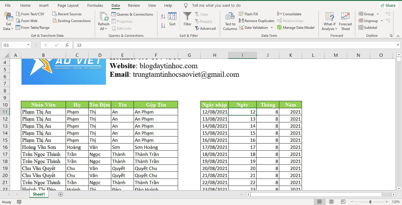Kết quả tách chuỗi ký tự thành nhiều cột trong Excel