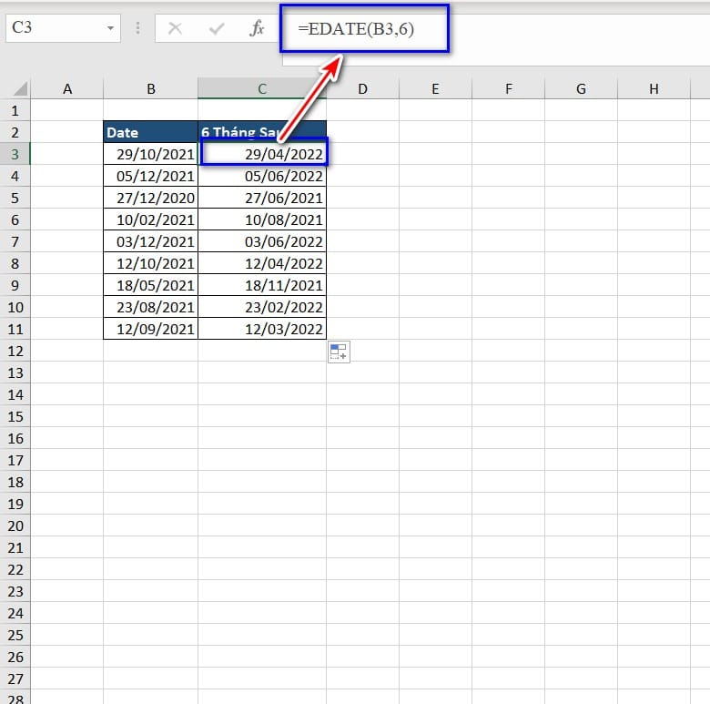 hình dùng hàm edate