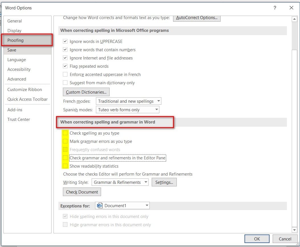 hình bỏ chọn mục when correcting spelling