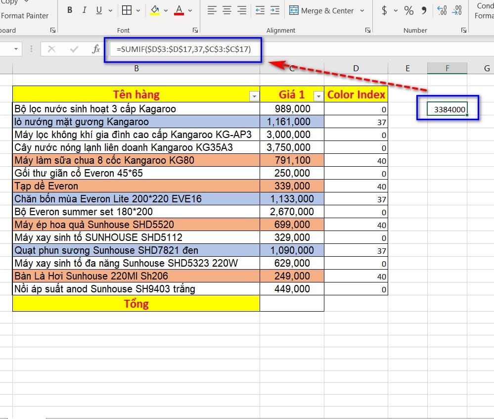 hình ảnh tổng màu xanh sumif