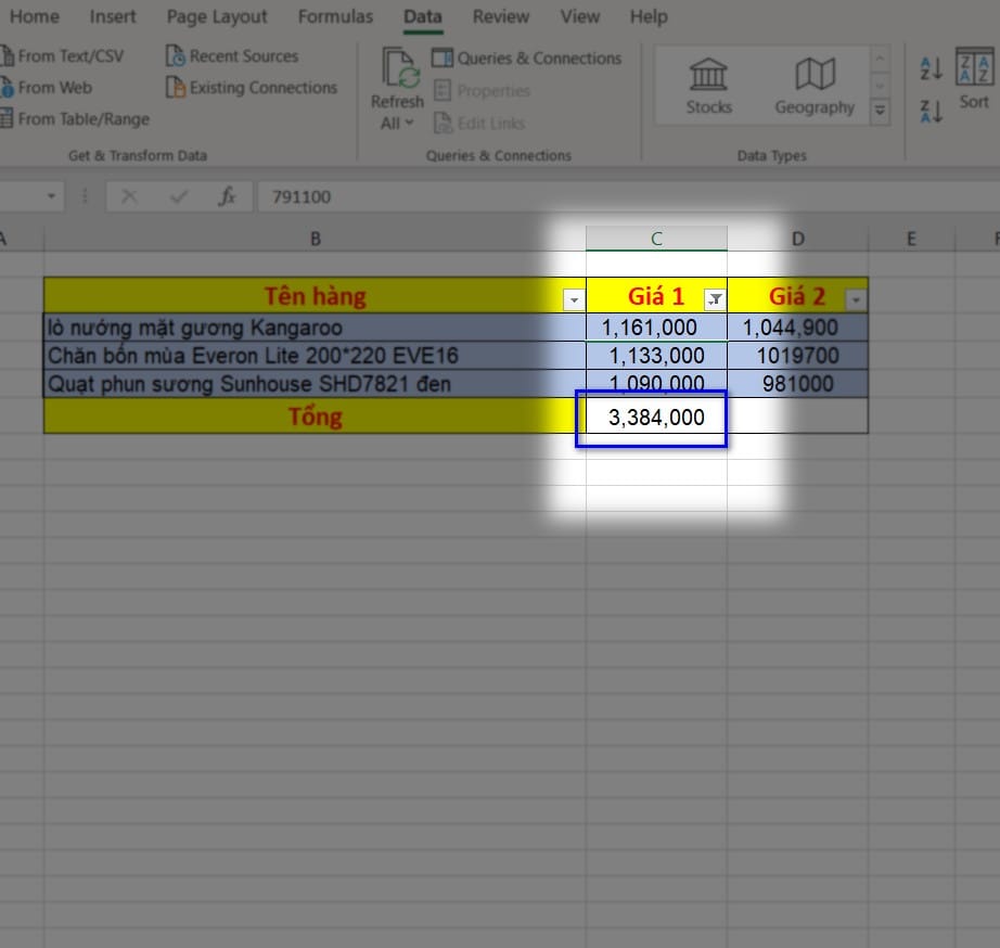 hình ảnh tính tổng ô màu lọc