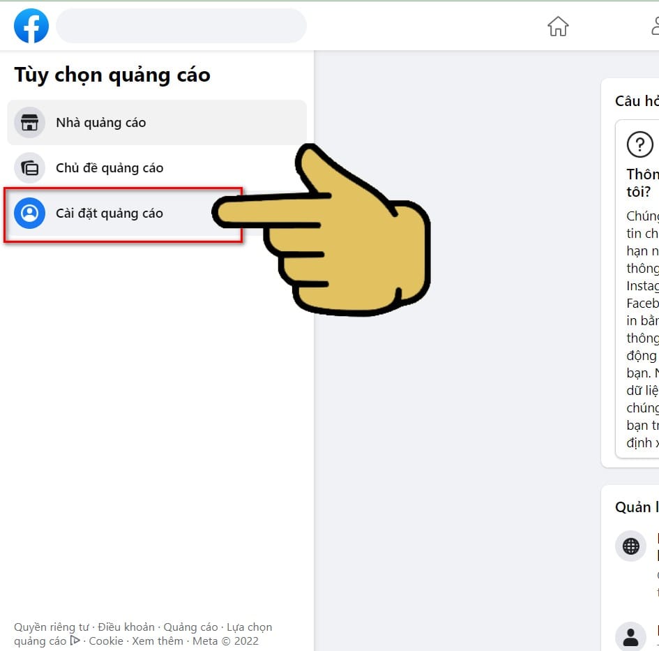 hình ảnh chọn cài đặt quảng cáo