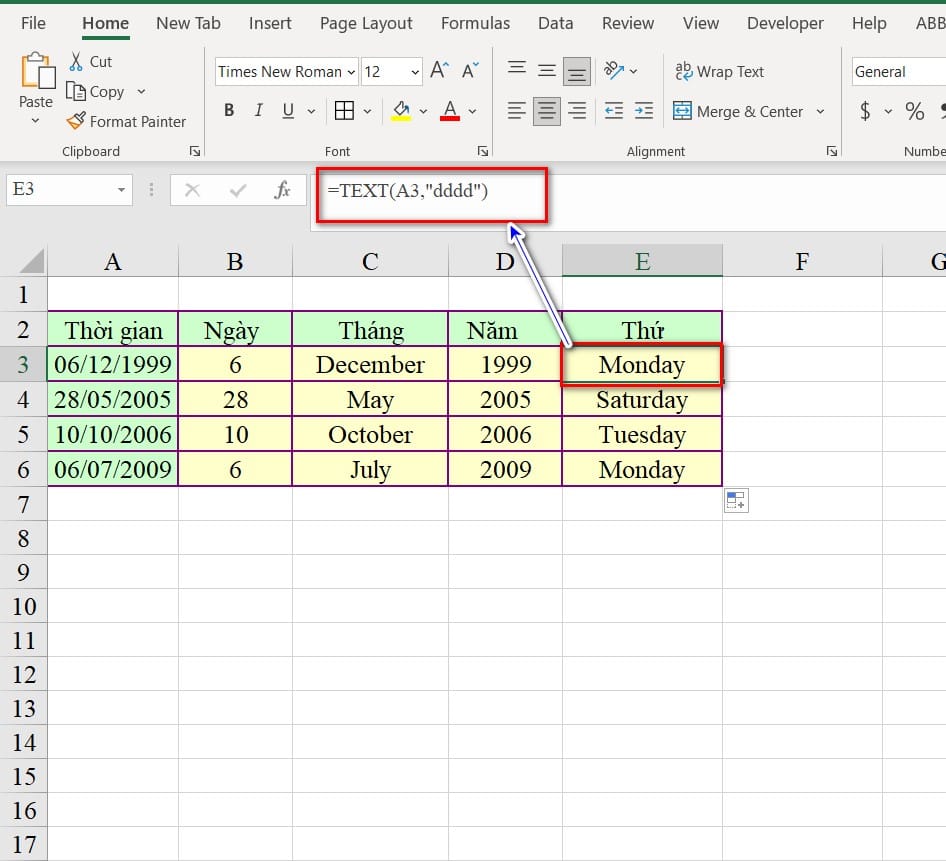 hình dùng hàm text tính thứ