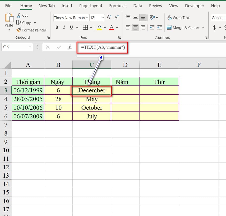 hình ảnh dùng hàm text hiển thị cho tháng