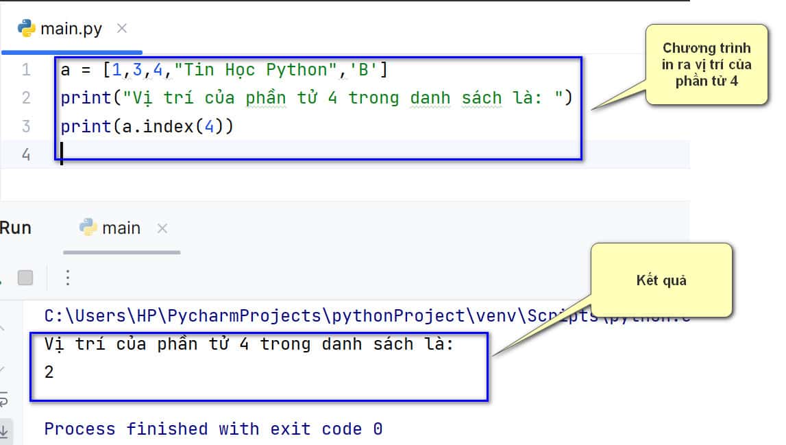 Chương trình in ra vị trí của phần tử 4