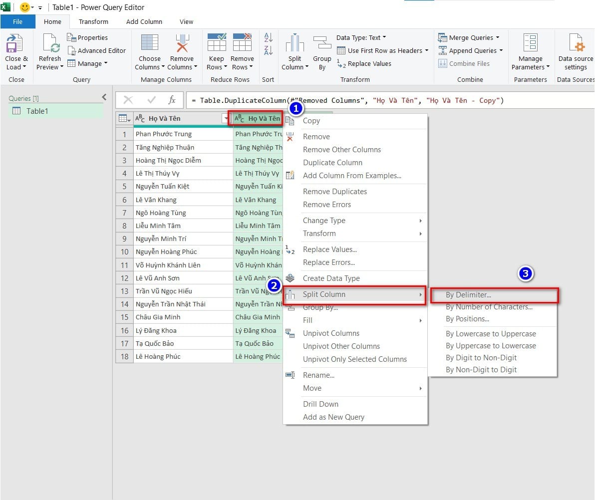 hình ảnh chọn vào split column