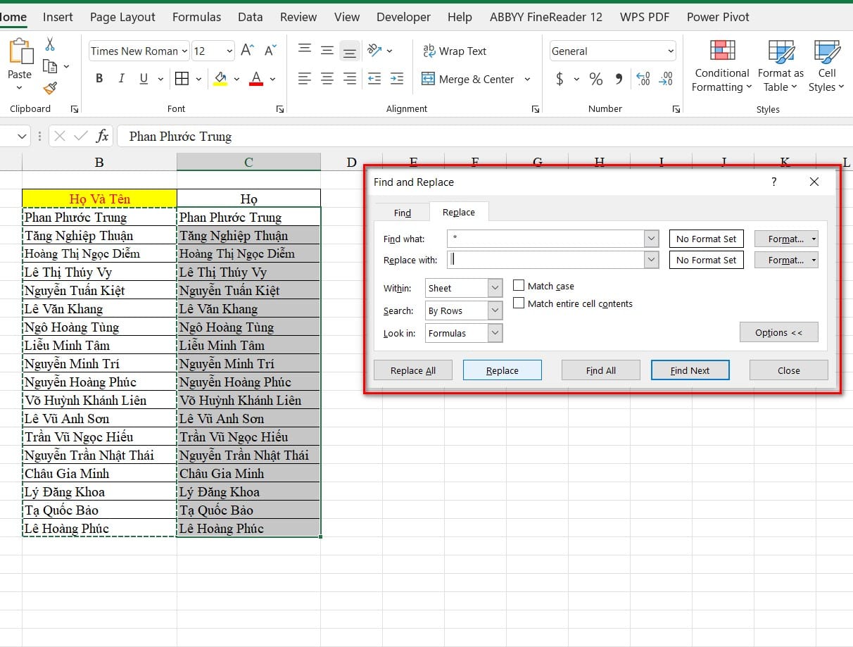 hình ảnh thực hiện trong bảng find and replace