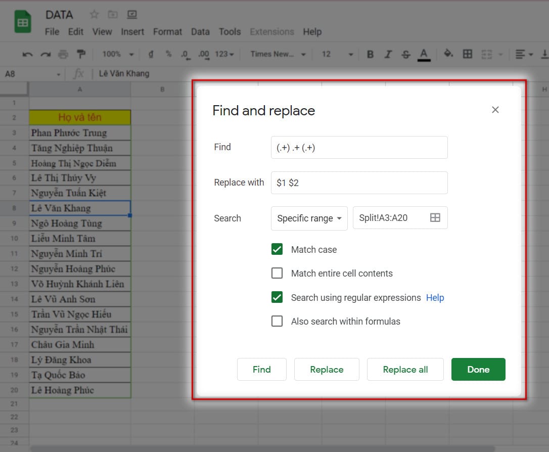 hình thiết lập trong bảng find and replace