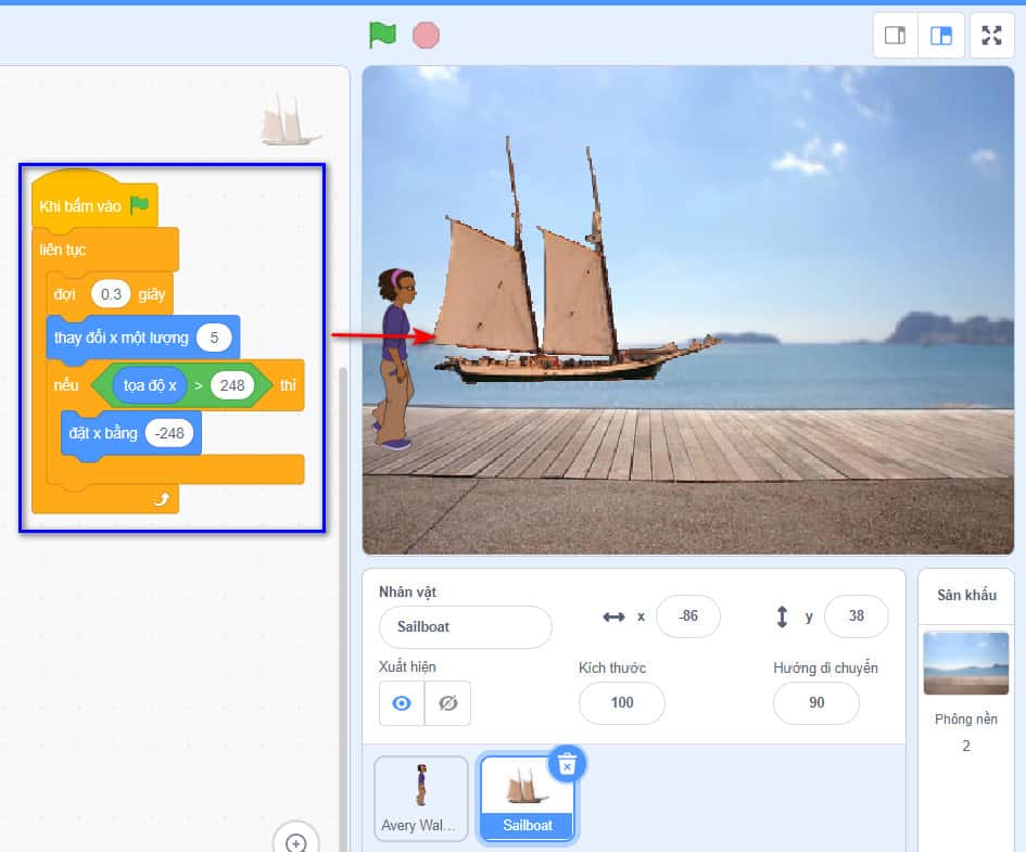 Lệnh di chuyển nhân vật chiếc thuyền