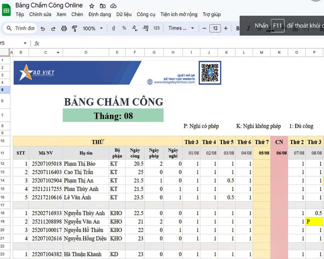 Bài tập Google Sheets cơ bản