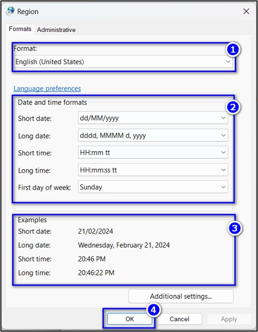 Bước 4: Chọn kiểu định dạng ngày giờ tại mục Date and Time Formats