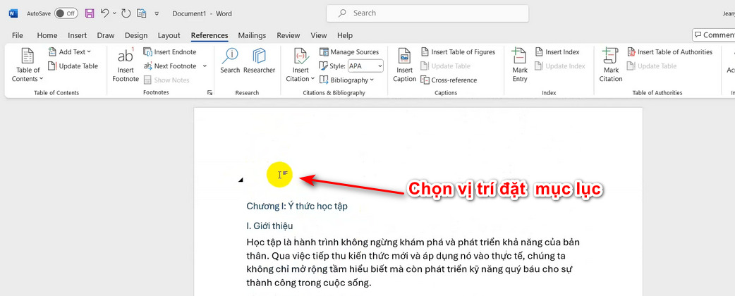 Bước 1 chọn vị trí đặt mục lục