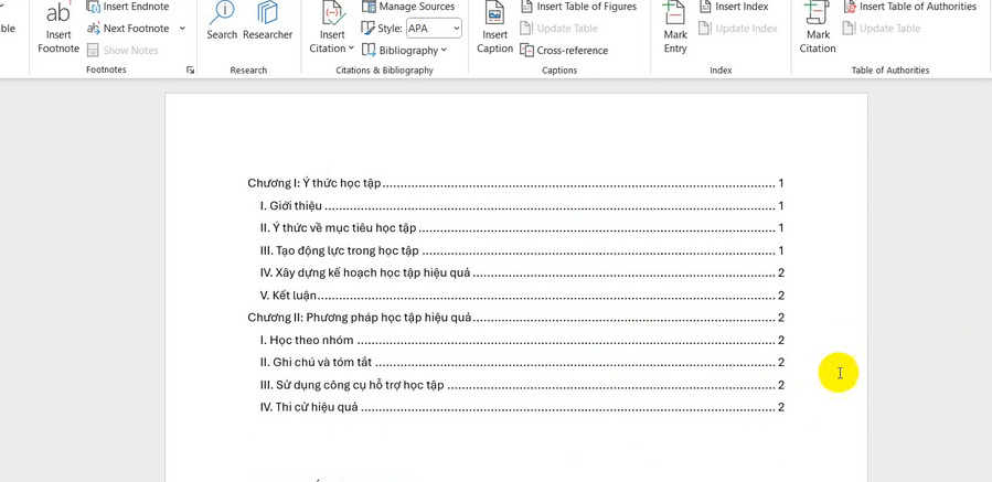 Show phần mục lục sau khi làm xong