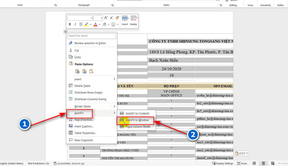 bước 2 chọn vào autofit