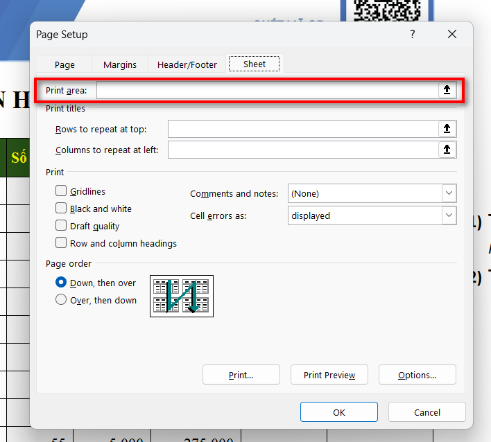 Chọn vào Print area