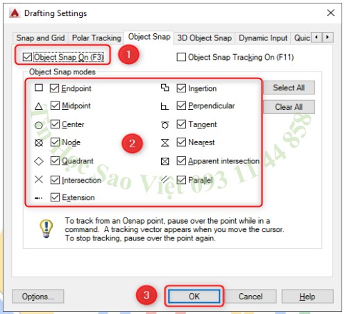 Lựa chọn chế độ truy bắt điểm trong Object Snap
