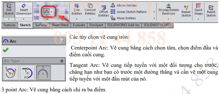 công cụ vẽ cung tròn trong solidworks