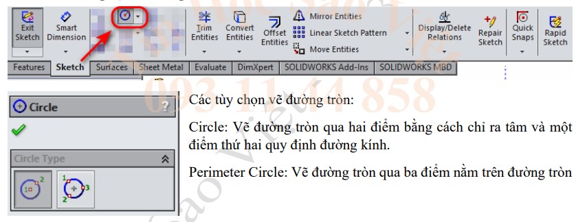  Công cụ vẽ đường tròn trong solidworks