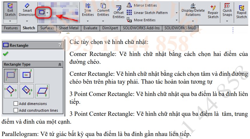 Công Cụ Vẽ Hình Chữ Nhật Trong solidworks