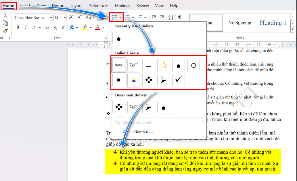 Cach-chen-bullets-bieu-tuong-dau-dong