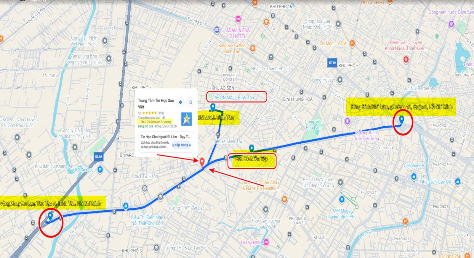 Hướng dẫn chỉ đường tới Trung Tâm Tin Học Sao Việt Bình Tân
