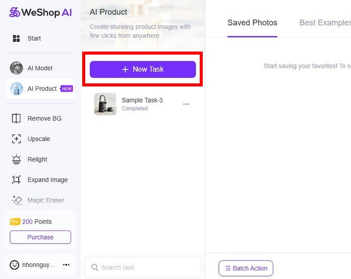 chọn new task để tạo vùng làm việc